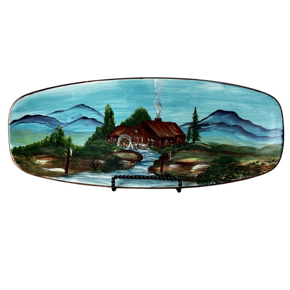 Hand Painted Ceramic Water Mill Mountain Landscape Oval Tray Signed Folk Art